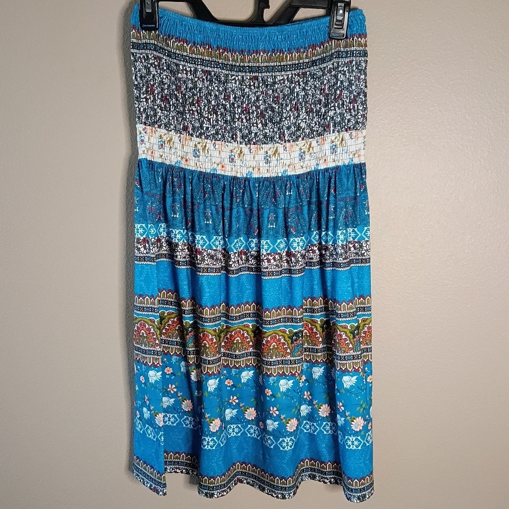 Bohemian Strapless Summer Beach Mini Dress Blue Floral Stretch A-Line Size M New - Picture 2 of 10